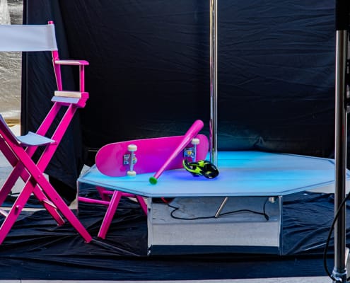All Star Stages Lyra X Spinner with mirrored silver chrome side kits with hot pink skateboard bat and neon gloves
